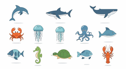 Obraz premium Collection of Diverse Marine Animals - Dolphin, Shark, Whale, Crab, Jellyfish, Octopus, Lobster, Turtle, Seahorse, and Fish.