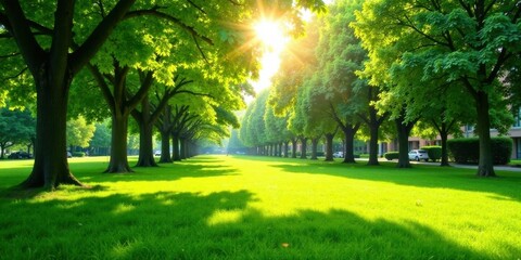 Obraz premium Sunlit Canopy of Lush Green Trees and Vibrant Grassy Lawn in a Serene Residential Area