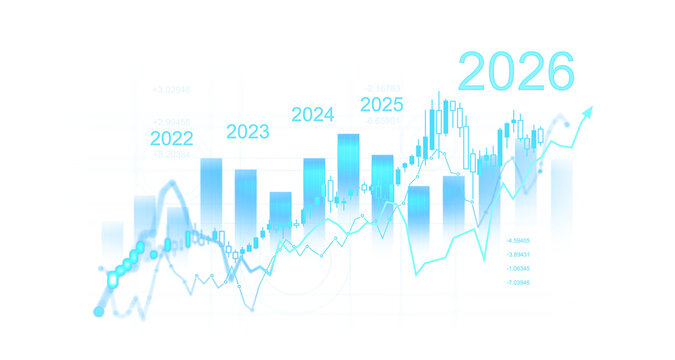 Blue glowing financial chart with bars, candlesticks, and line graphs projecting growth from 2022 to 2026, hologram style on white background. 3D Rendering - Powered by Adobe