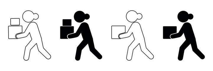 Outline stickman carrying parcel vector icon, minimal line art delivery worker symbol, simple human pictogram showing courier action in motion, black and white illustration