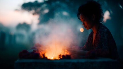 A woman in profile gazes thoughtfully at a glowing ritual fire surrounded by smoke and floral elements at dusk
