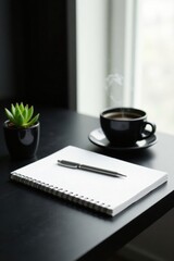 A Blank Spiral Notebook Ready for Ideas, Beside a Steaming Cup of Coffee and a Small Succulent Plant on a Dark Desk