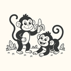 Obraz premium Vector art of two cartoon monkeys in a jungle setting, one monkey holding a banana for the other, playful and cute illustration