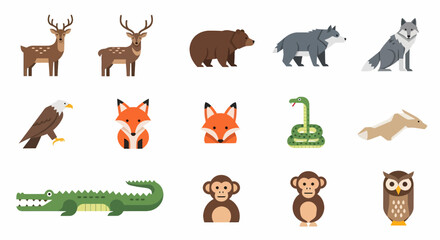 Obraz premium Collection of Diverse Wildlife Illustrations - Deer, Bear, Fox, Eagle, Snake, Monkey, Owl, and More.