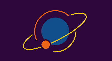 A minimalist depiction of a planet with rings, a moon, and a dark purple background