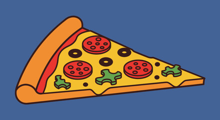 Cartoon slice of pizza with toppings, set against a blue background