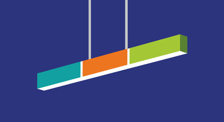 A rectangular light fixture, divided into three colored segments, is suspended against a blue backdrop