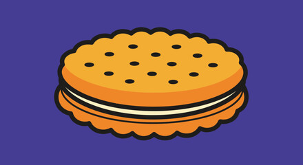 A two-layered dessert cookie with cream filling and a scalloped edge on a purple background