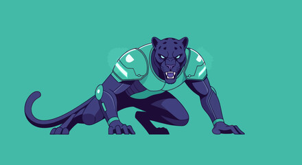 Obraz premium A pixelated panther in cybernetic armor is in a stalking pose against a teal background