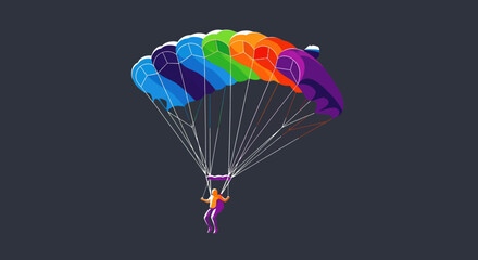 A vibrant, cartoon-style skydiver descends under a rainbow-colored parachute