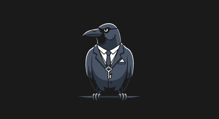 Pixelated cartoon of a suited raven with key necklace, perched on a branch against a dark background