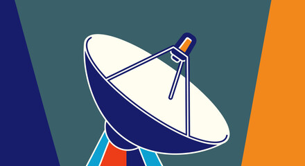 A stylized illustration shows a blue satellite dish, contrasting with geometric color blocks