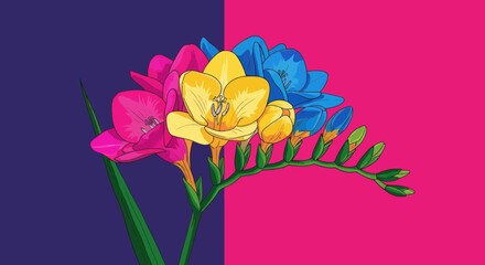 Illustration of colorful flowers against a color block background, styled like a flag