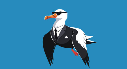 A sophisticated cartoon albatross in a suit and sunglasses against a solid blue backdrop