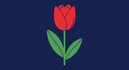 A stylized red tulip flower with two green leaves and stem against a navy blue background