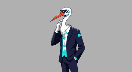 A stork with a red beak and sunglasses, wearing a suit and holding its chin, on a gray background