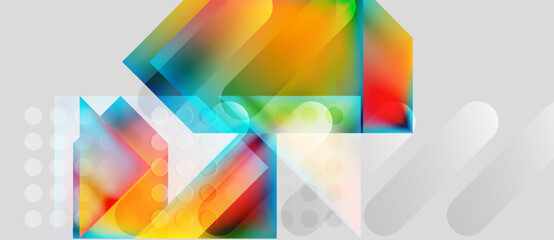 Abstract geometric shapes, vibrant colors, layered design. Modern composition with gradients, transparency, light effects. Clean, minimalist aesthetic.