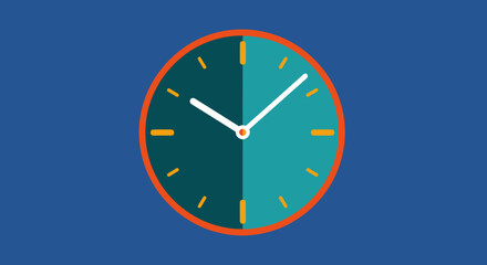 A minimalist clock design, bisected, with a blue background. Orange ring, white hands, and teal face
