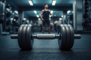 Naklejka premium Dumbbell resting on the workout floor with fitness and health themes