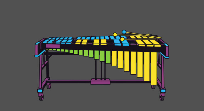 A colorful, vector illustration of a marimba with mallets, set on a gray background