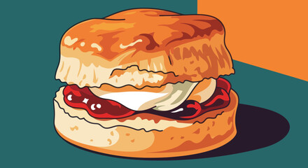 A stylized, illustrated scone with jam and clotted cream, set against a two-toned background