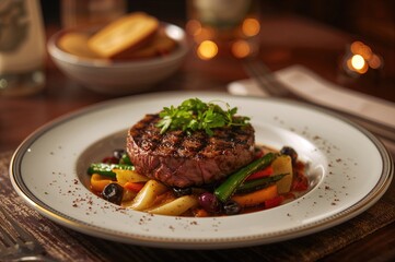 A plate featuring saut&Atilde;&copy;ed vegetables and seared steak with fresh greens