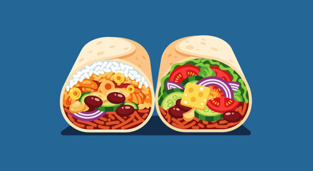 Two stylized burrito halves showcase diverse fillings. Blue backdrop, bright colors, and shadow effect