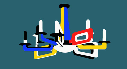 Abstract illustration of a chandelier with geometric shapes and bold colors against a teal background