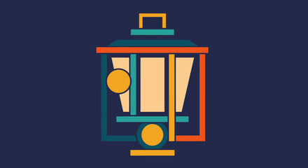 Geometric lantern design with bold lines, shapes, and color blocks on a dark blue background
