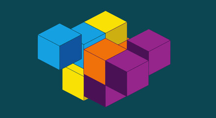 Obraz premium Isometric illustration of connected, colorful cube shapes arranged in an abstract 3D design