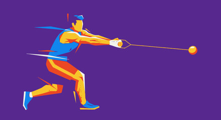 Stylized illustration of a hammer throw athlete in motion, set against a purple background