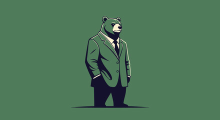 A stylized illustration shows a bear wearing a green suit and tie against a green backdrop