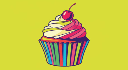 A colorful cupcake with frosting and cherry on top, in front of a yellow background