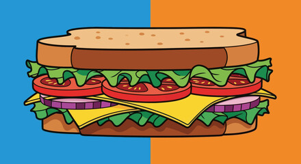 A cartoon sandwich with lettuce, tomato, red onion, and cheese between toasted bread. It's on a blue and orange backdrop