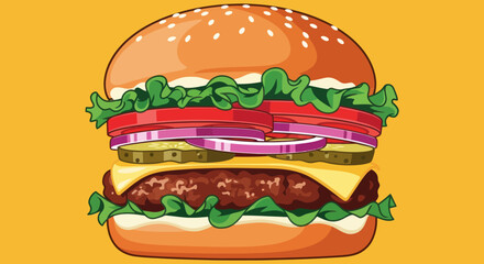 A cartoon burger, with sesame bun, stacked high with ingredients against a yellow background