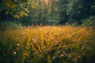 Summer nature scene with lush green grass and forest leaves