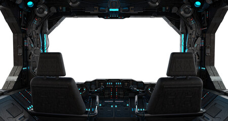 Fototapeta na wymiar Grunge dark spaceship cockpit with isolated cut out transparent window. Futuristic black starship interior with glowing lights. 3D rendering