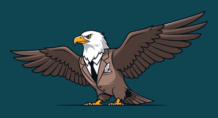 An eagle in a business suit with spread wings, assertive pose against a teal background