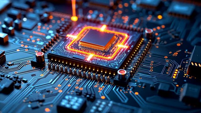 Glowing orange microchip mounted on a blue circuit board with electronic components and traces