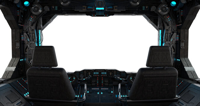 Grunge dark spaceship cockpit with isolated cut out transparent window. Futuristic black starship interior with glowing lights. 3D rendering