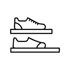 Simple line drawing of two pairs of shoes on shelves  
