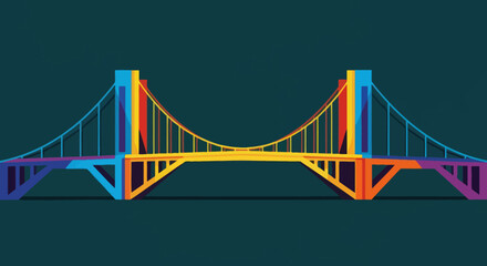 Abstract, colorful pop art depiction of a suspension bridge with dark teal background