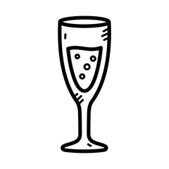 Hand Drawn Champagne Flute with Bubbles Black Line Art on Transparent Background Celebration Icon Design