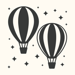 Naklejka premium Vector art of two hot air balloons with stripes floating in the sky with stars