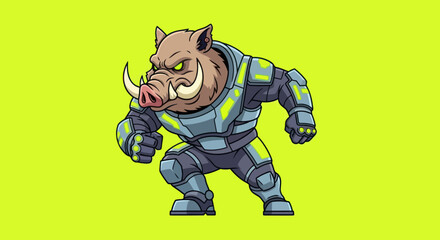 A muscular boar-like creature in futuristic armor stands ready on a lime-green background
