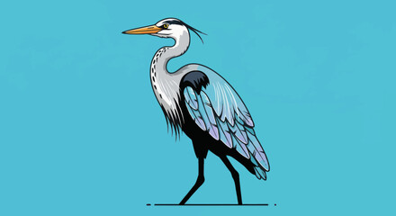 A stylized heron illustration standing on a light blue background with bold outlines and textures