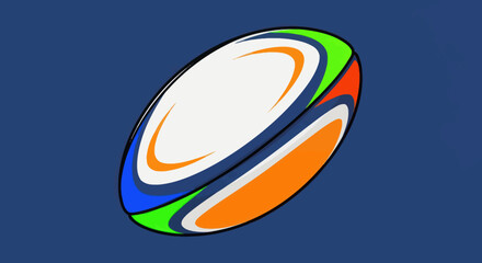 Colorful cartoon rugby ball in motion against a blue background, with distinct curved color bands