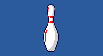 A stylized bowling pin, rendered in white, red, and black, stands against a solid blue background