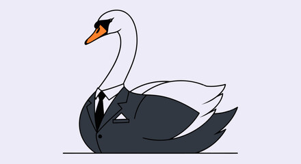 An illustration of a swan wearing a suit and tie with sunglasses, in cartoon style