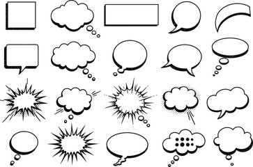 Comic speech bubbles, thought cloud icons, vector cartoon frames, blank dialogue shapes, graphic novel elements, pop art style, editable comic templates, outline bubble collection